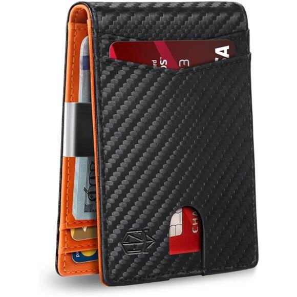 Slim Bifold Wallet for Men - 12 Card Slots, RFID, Money Clip & Gift Box, Orange‎ - Picture 7 of 7